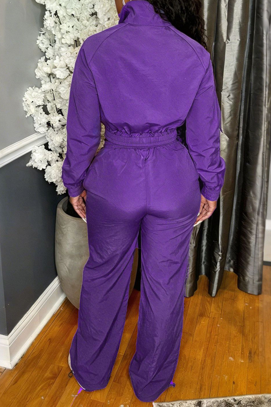 Zip-Front Piped Top & Wide-Leg Pants Set