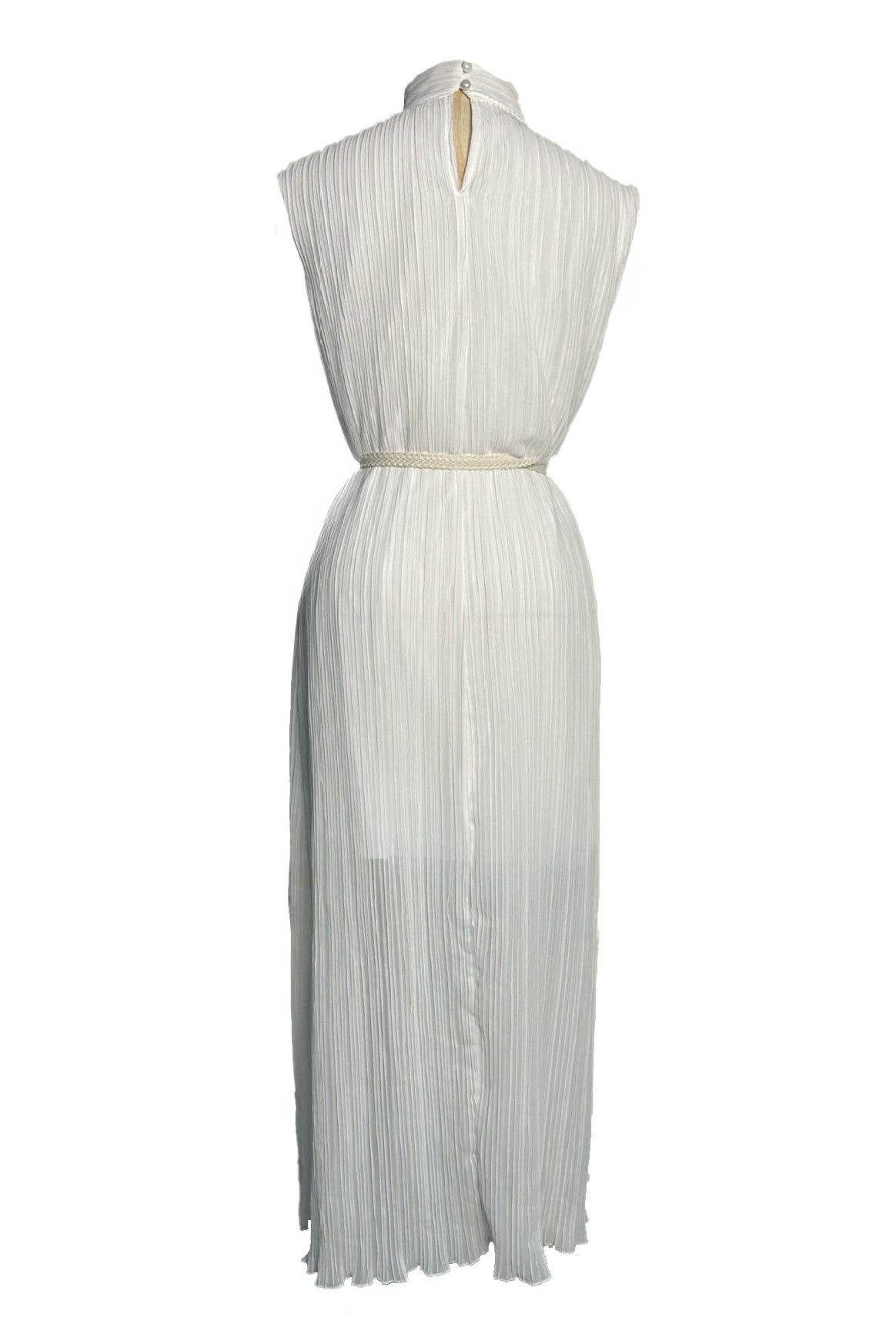 Pleated Tie Midi Dress with Half-High Collar