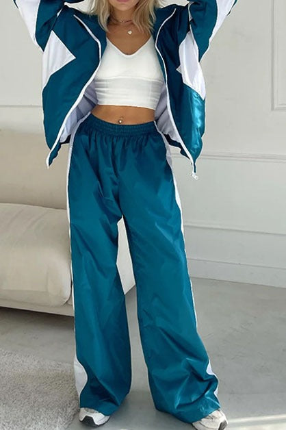 Contrast-Panel Zip Jacket & Wide-Leg Pants Set