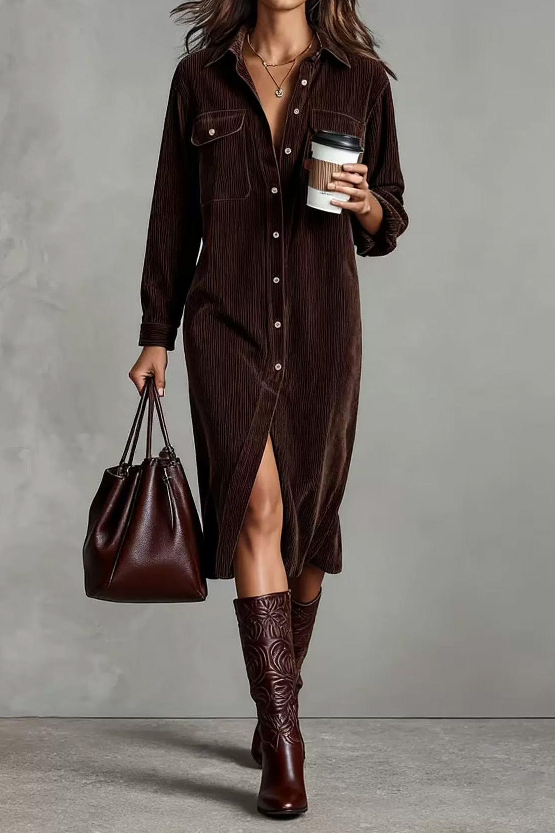 Single Breasted Pocket Shirt Style Midi Dress