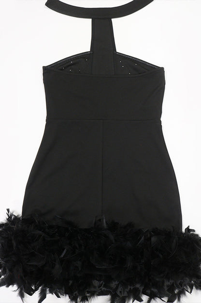 Rhinestone Halter Feather Trim Mini Dress