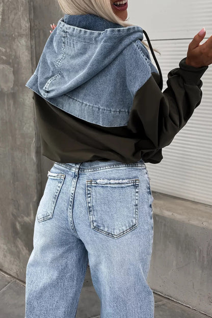 Loose Wash Denim Patchwork Hoodie