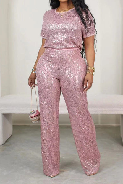 Sequin Solid 2-Piece Set - Tee & Pants