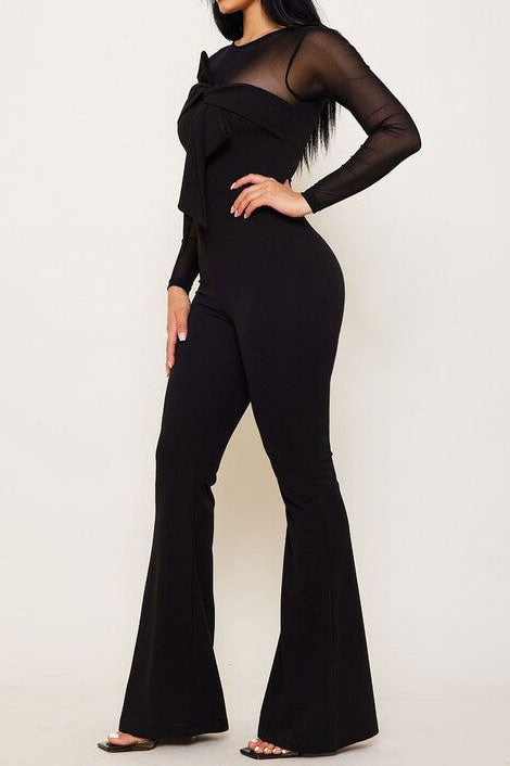 Sheer Mesh Illusion Bow Detail Flared Jumpsuit