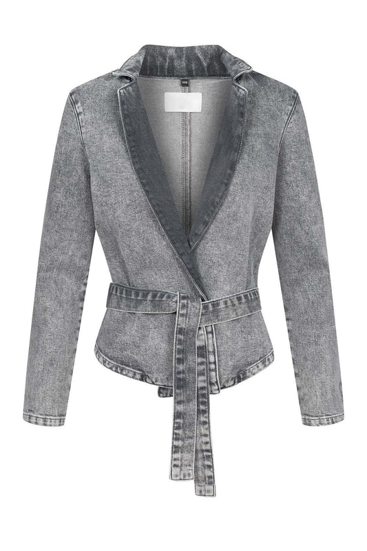 Denim Stand Neck Belted Loose Jacket