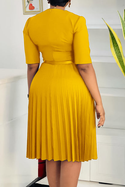 Solid Belted Pleated Dress