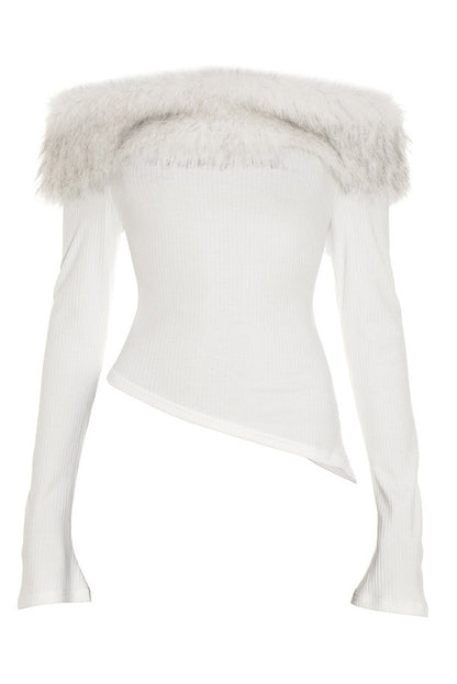 Off Shoulder Fur Trim Flare Sleeve Top