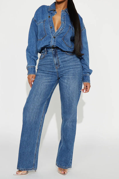 Stretch Long Sleeve Denim Jumpsuit