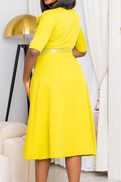 V-Neck Button Front Solid Color Midi Dress