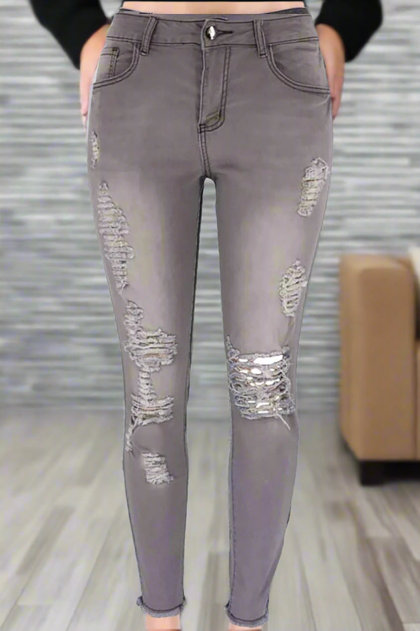 High Waist Stretch Ripped Jeans - Skinny Fit