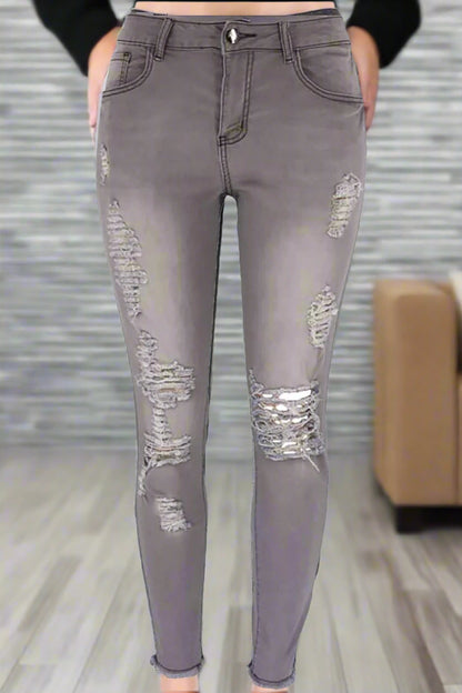 High Waist Stretch Ripped Jeans - Skinny Fit