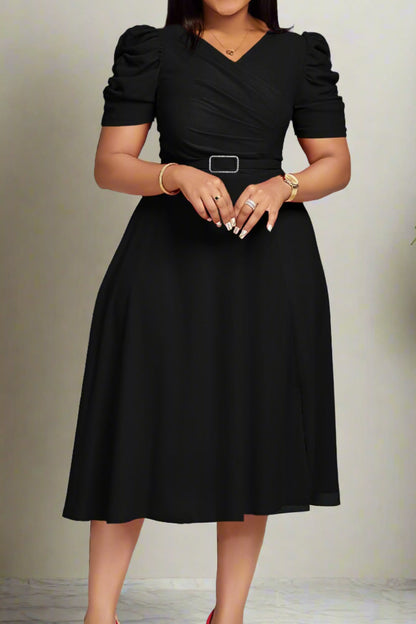 V Neck Short Puff Sleeves High Waist Midi Dress