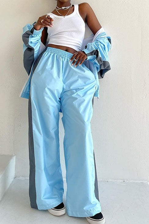 Contrast-Panel Zip Jacket & Wide-Leg Pants Set