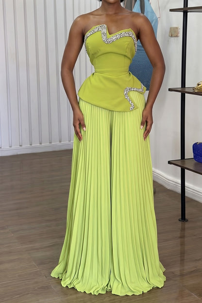 Strapless Rhinestone Top & Pleated Pants Set