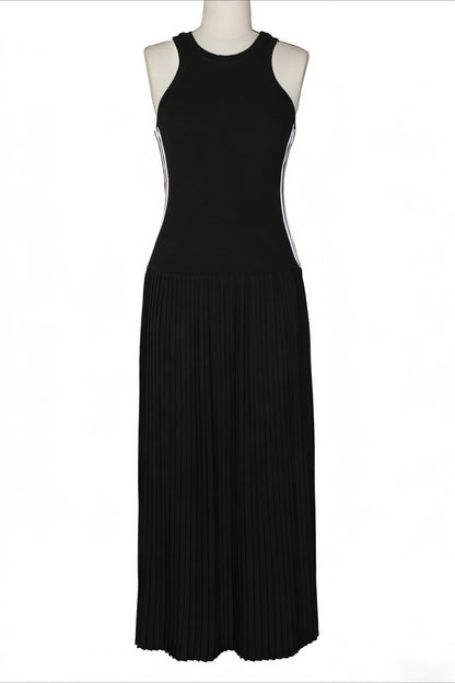 Sporty Contrast-Stripe Pleated Maxi Dress