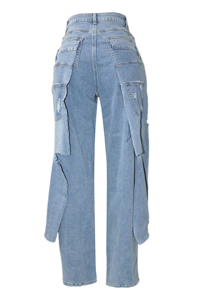 Double-Waistband Asymmetric Distressed Jeans