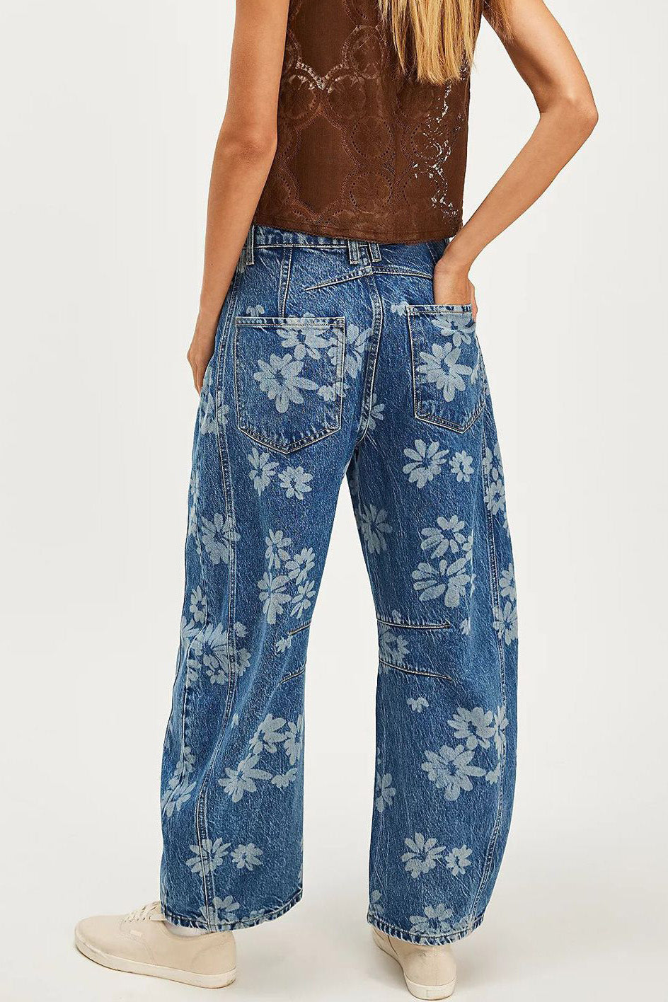 Floral Print Relaxed Barrel Leg Jeans