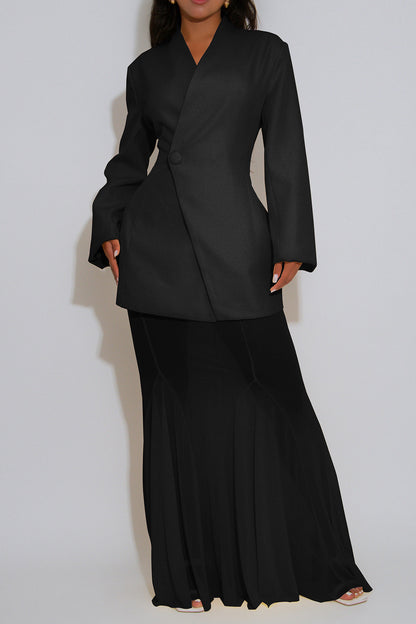 Collarless Blazer and Mesh Skirt Set