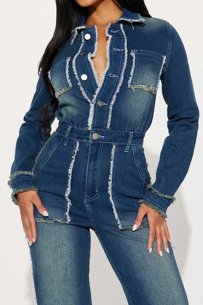 Raw-Edge Long Sleeve Stretch Denim Jumpsuit
