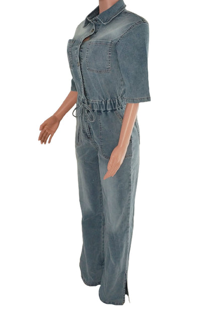 Stretch Denim Jumpsuit with Split Flare Legs