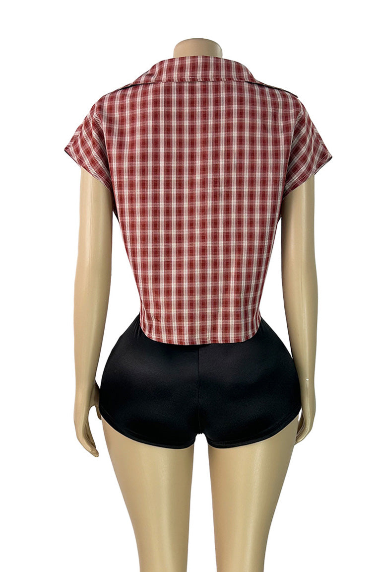 Plunge V-Neck Plaid Pointed Hem Top