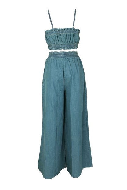 Smocked Crop Top & Wide Leg Pants Set