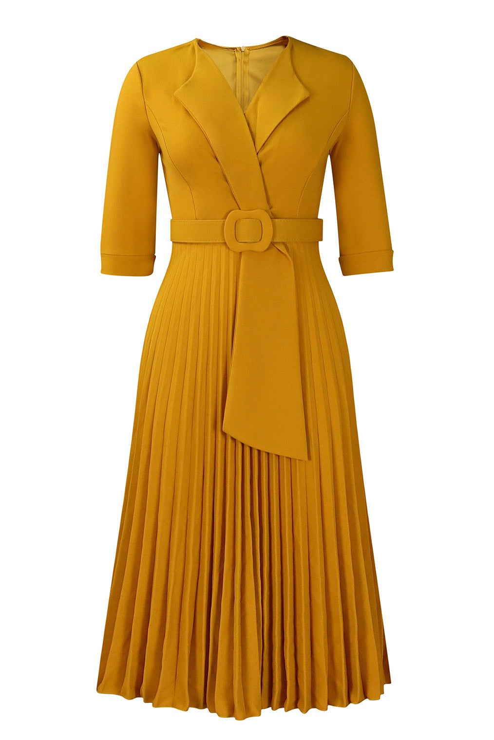Pleated A-Line Blazer Midi Dress with Belt