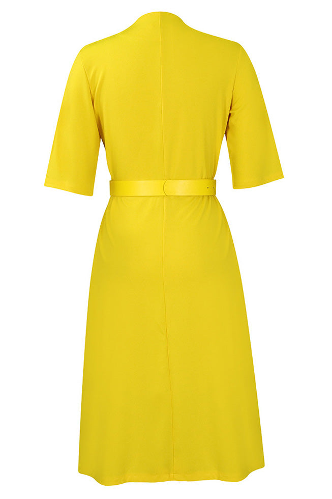 V-Neck Button Front Solid Color Midi Dress