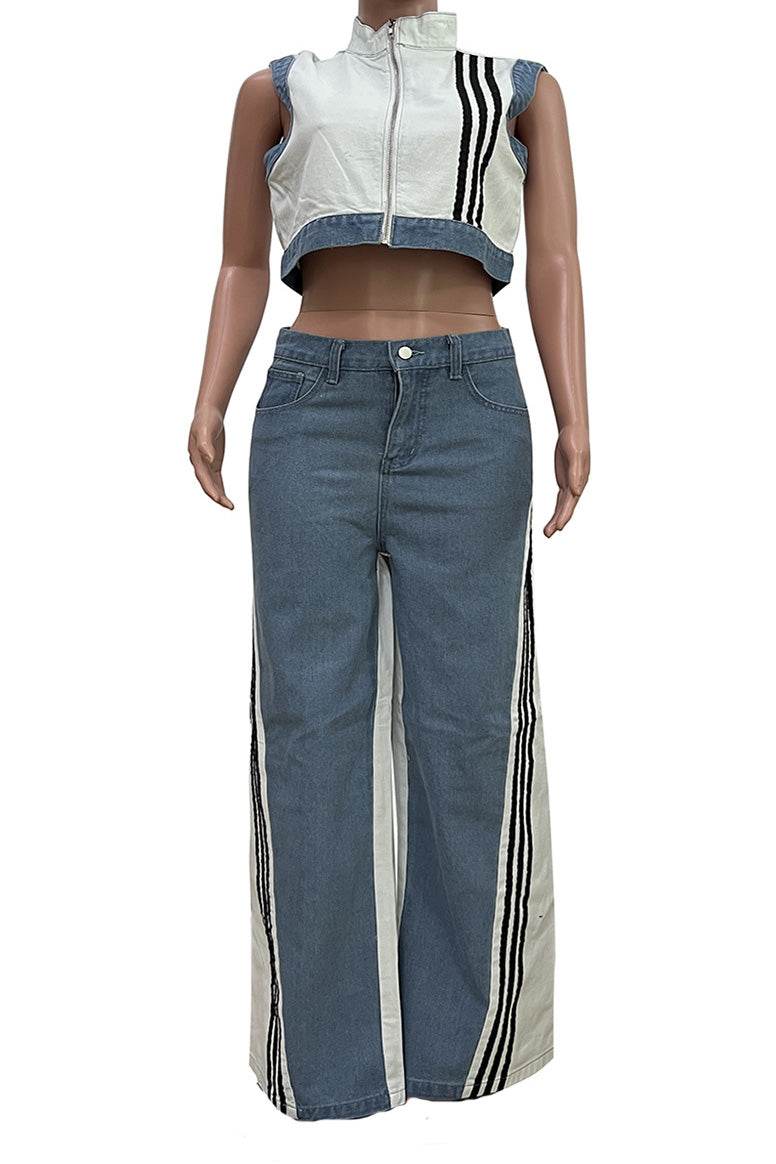 Striped Cropped Top Denim Pant Sets