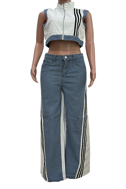 Striped Cropped Top Denim Pant Sets