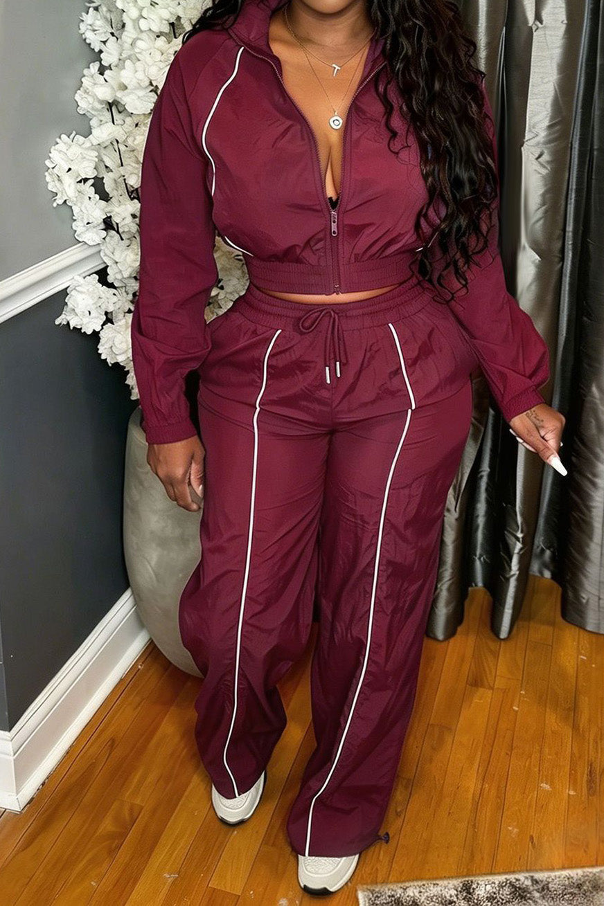 Zip-Front Piped Top & Wide-Leg Pants Set