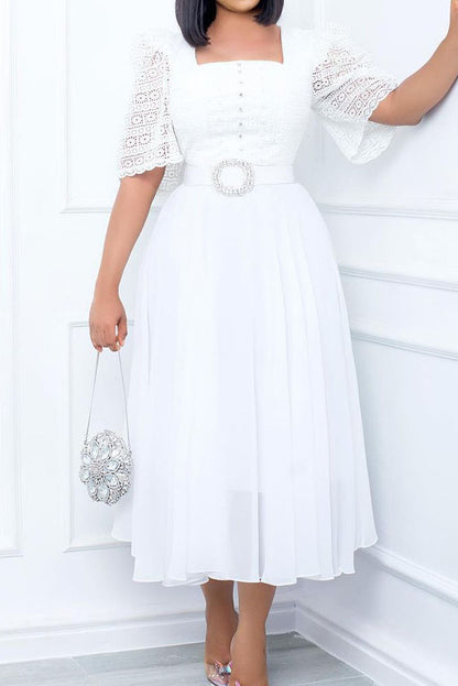 Square Neckline Lace Sleeve Midi Party Dress