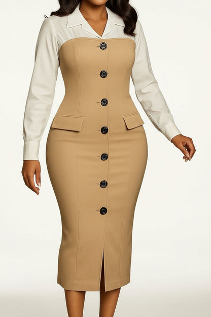 Long Sleeve Blazer Collar Pencil Skirt Dress