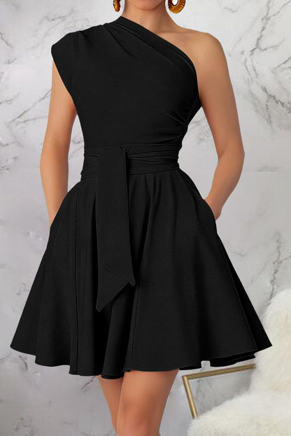 One-Shoulder Tie-Waist Pleated Mini Dress