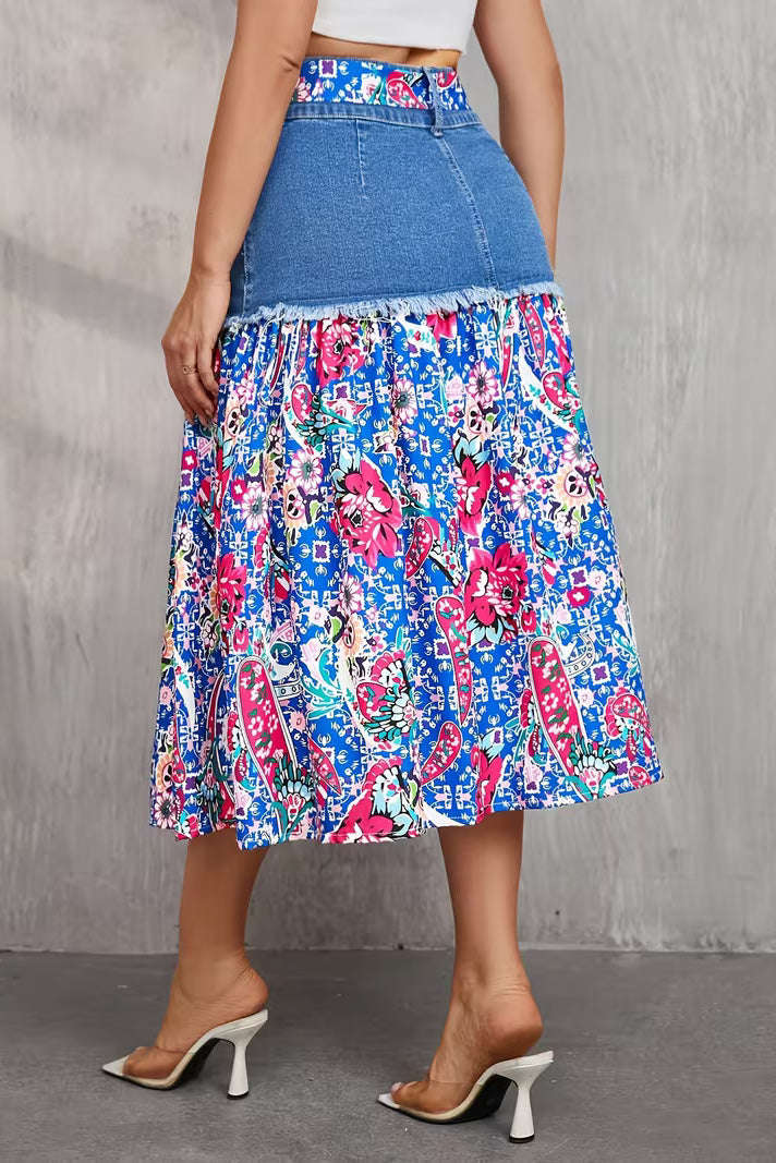 Frayed Denim Patchwork Boho Midi Skirt