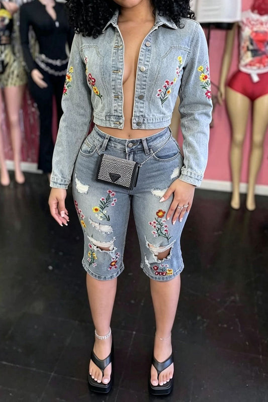 Embroidered Denim Top and Bermuda Shorts Set