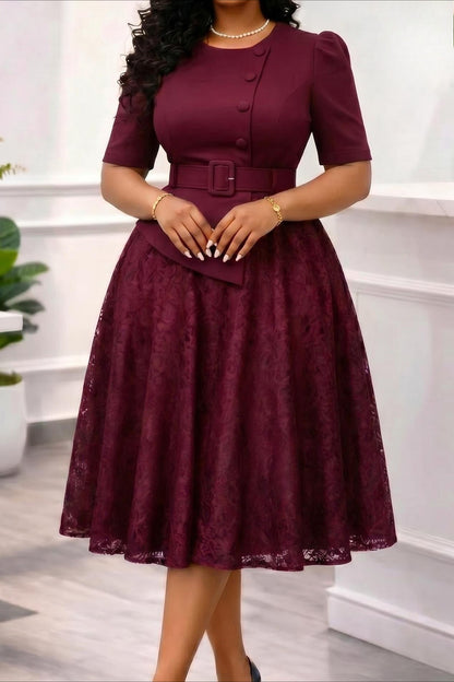 Asymmetrical Button Belted Lace Midi Dress