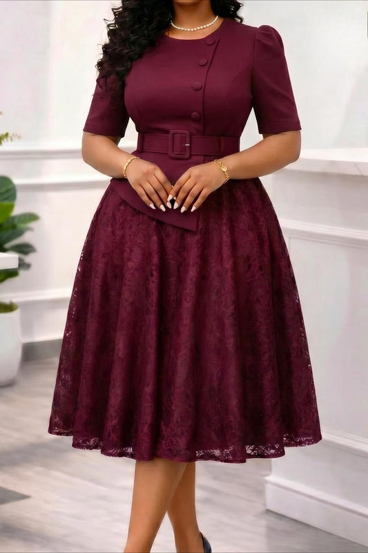 Asymmetrical Button Belted Lace Midi Dress