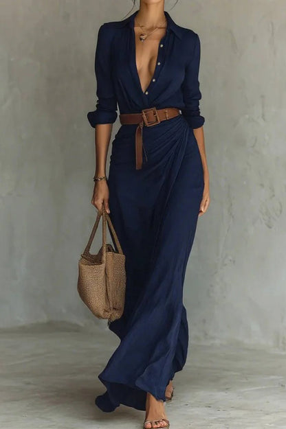 Lapel Buttoned Waist Maxi Dress