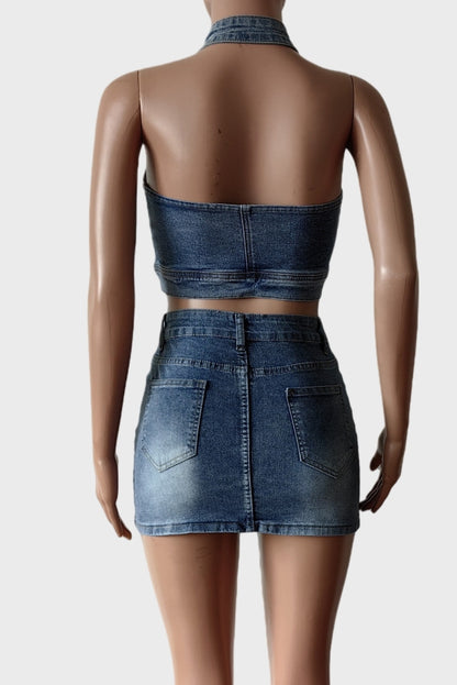 Street Wear Denim Zipper Skirt Set