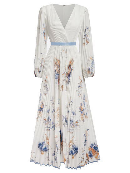 V Neck Floral Long Sleeve A Line Maxi Dress