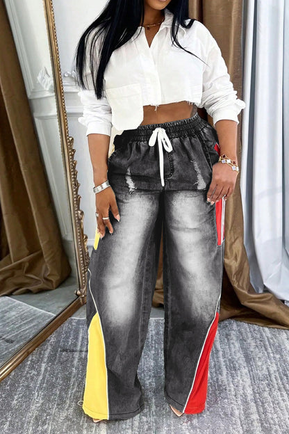 Colorblock Gradient Straight-Leg Denim Pants