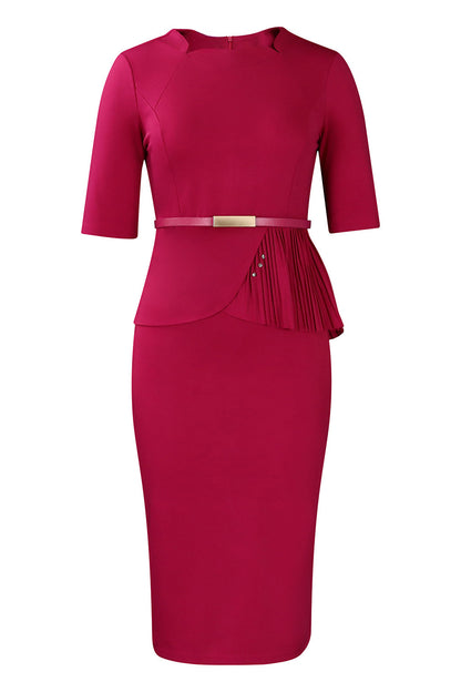 Solid Short Sleeves Knee Length Peplum Dress