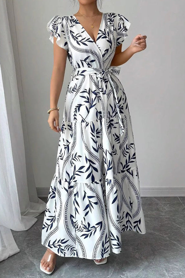 Floral Ruffle V-Neck Slim Maxi Dress