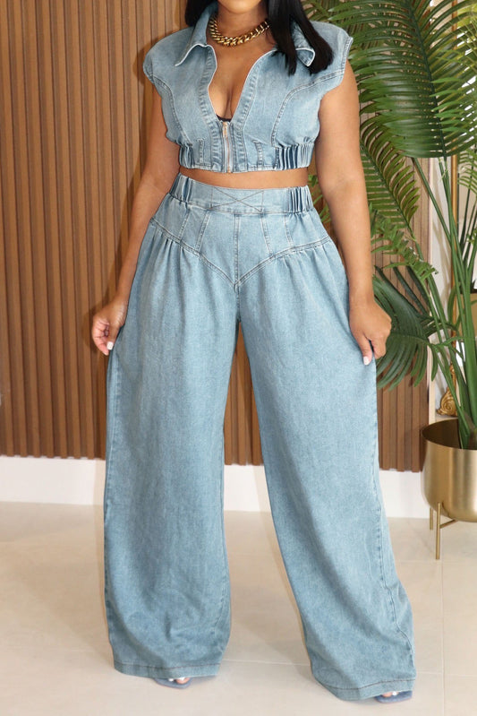 Zip-Up Vest High-Rise Wide Leg Pants Denim Set