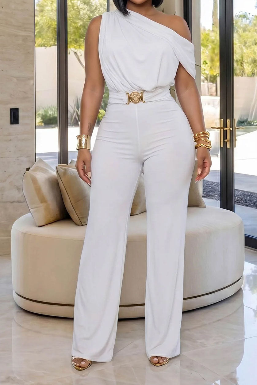 One-Shoulder Draped Wide Leg Jumpsuit