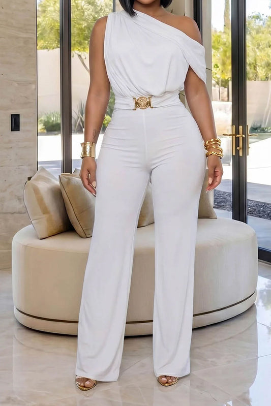 One-Shoulder Draped Wide Leg Jumpsuit