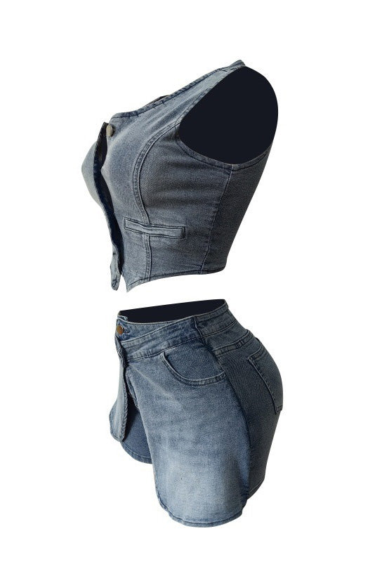 Stretch Denim Apron Shorts Set - Vest & Shorts