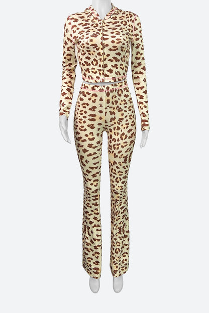 Leopard Print Zipper Jacket And Flared Pants