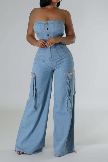 Slim Fit Strapless Denim Jumpsuit